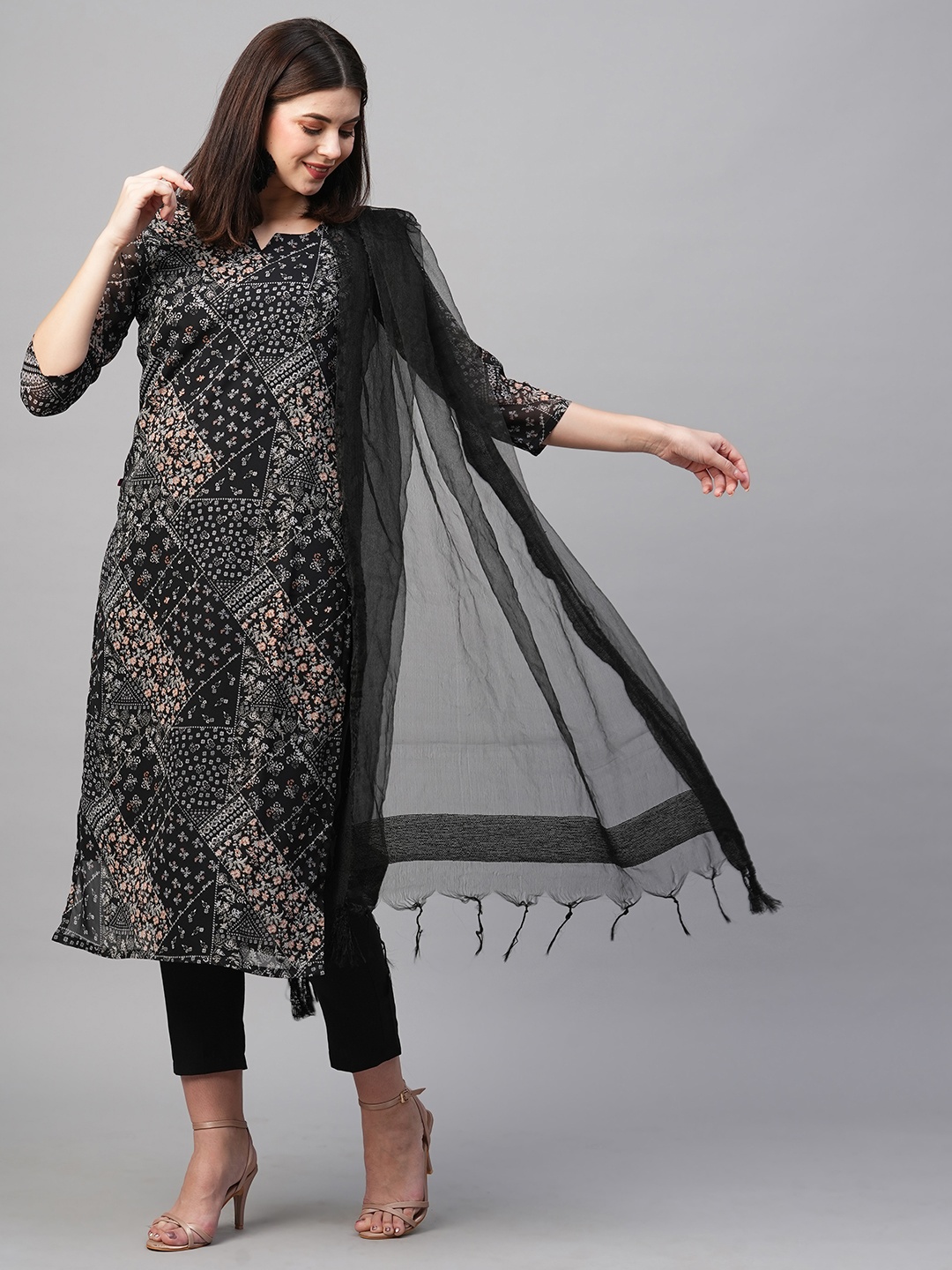 

KALINI Ethnic Motifs Printed Kurta with Trousers & Dupatta, Black
