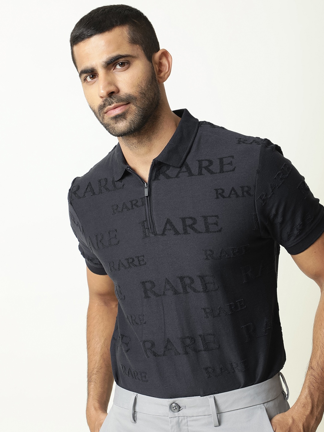 

RARE RABBIT Men Gesset Polo Collar Cotton Slim Fit T-Shirt, Navy blue