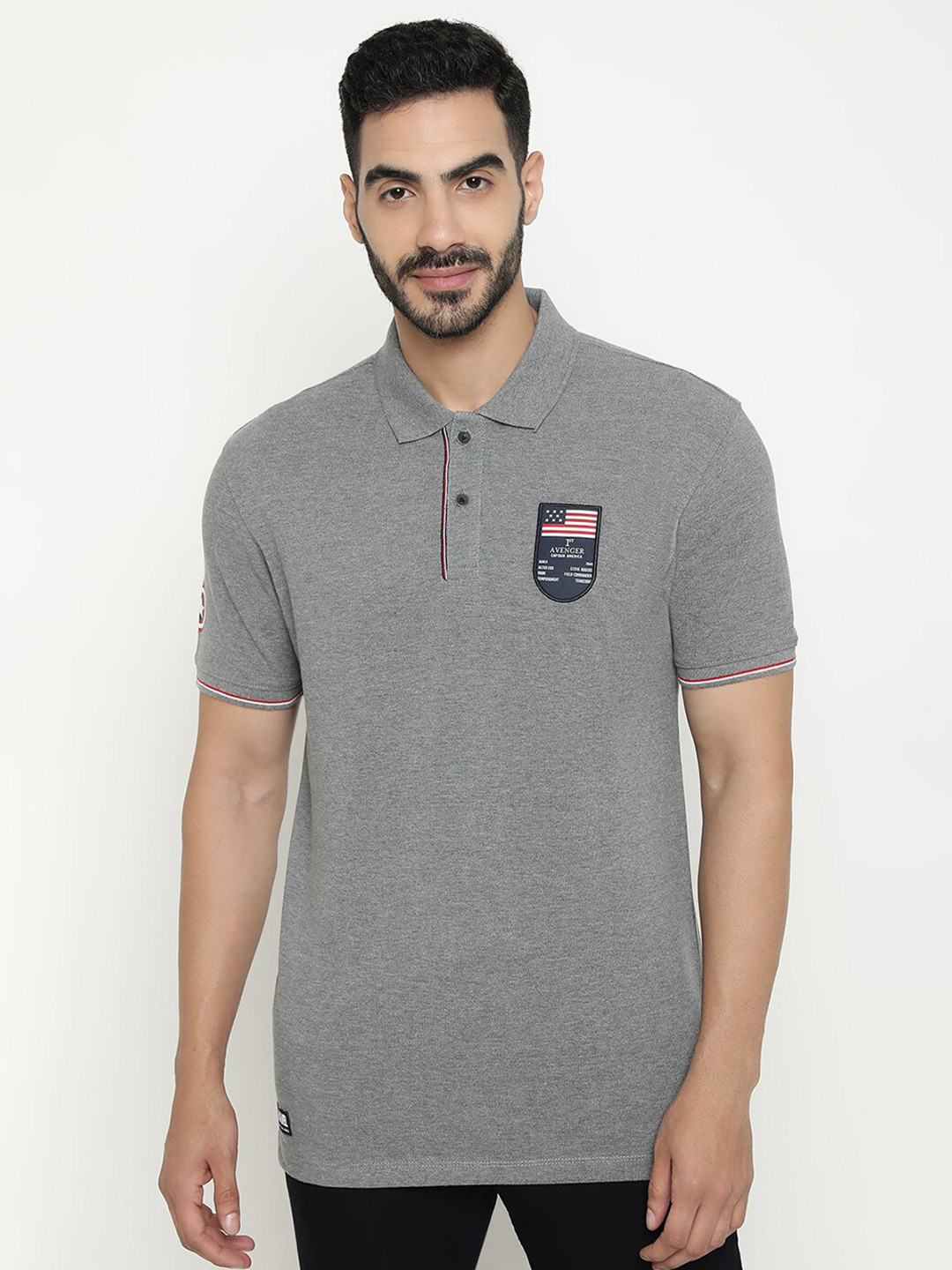 

Octave Avengers Printed Polo Collar Cotton T-shirt, Grey melange