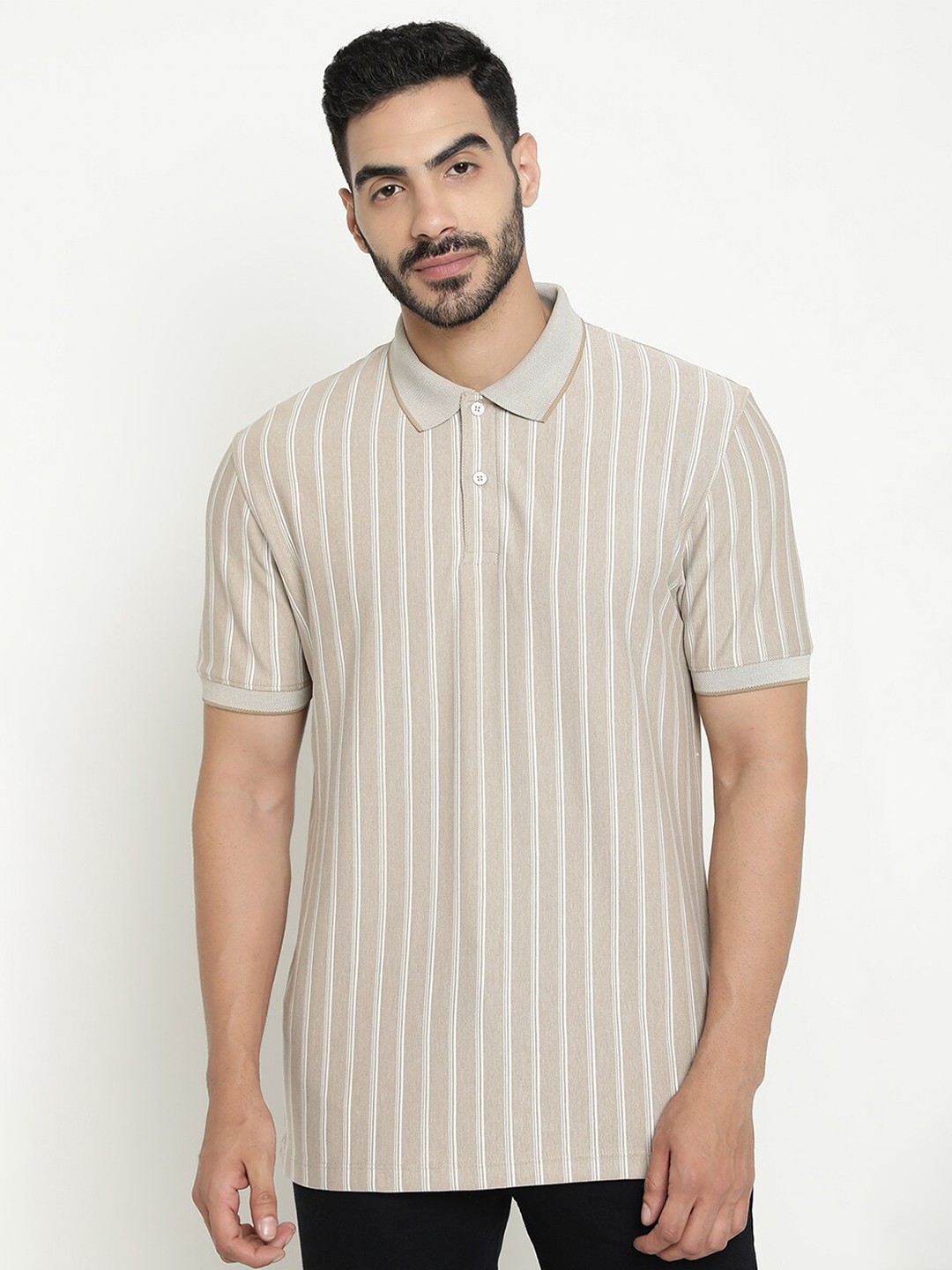 

Octave Striped Polo Collar Cotton T-shirt, Beige