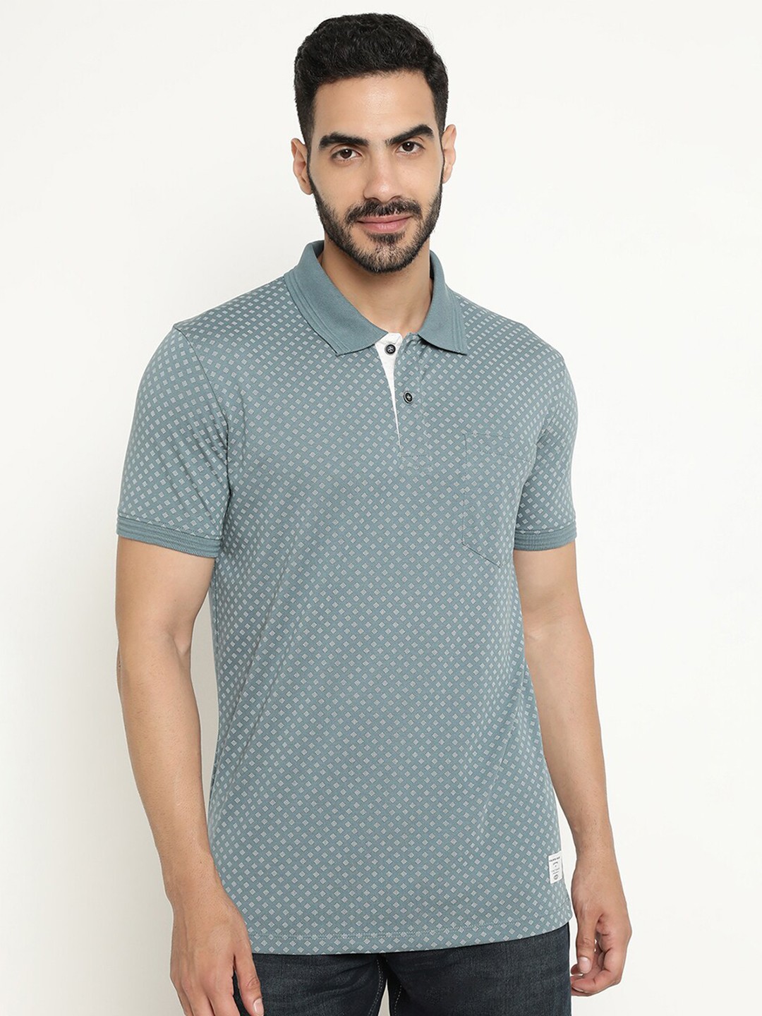 

Octave Geometric Printed Polo Collar Cotton T-shirt, Sea green