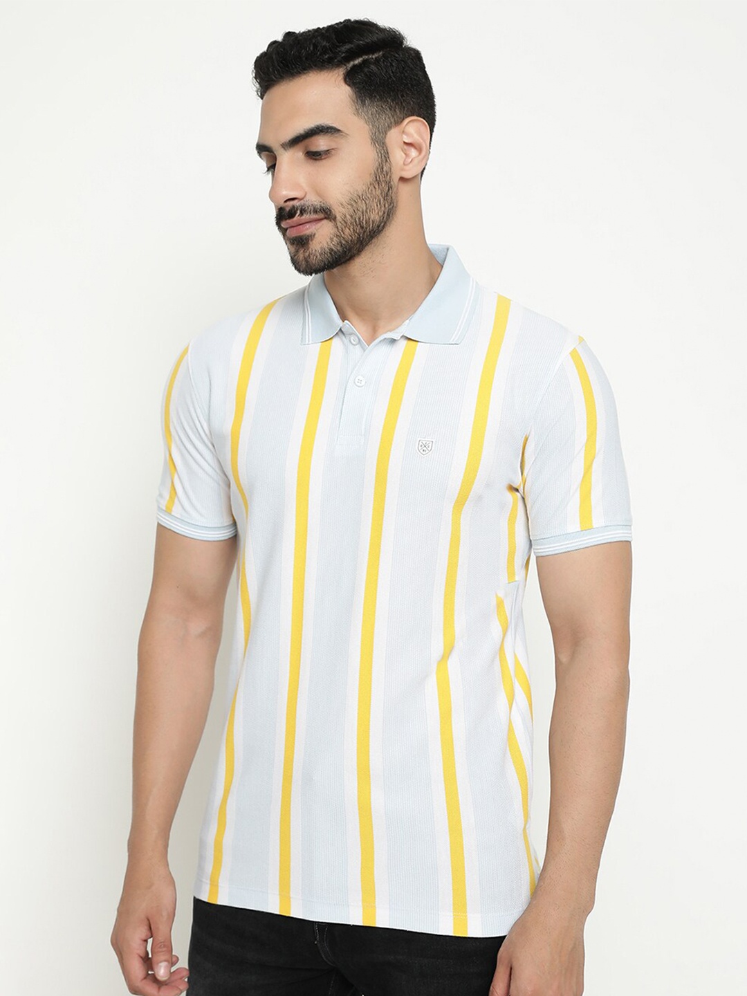 

Octave Striped Polo Collar Cotton T-shirt, White