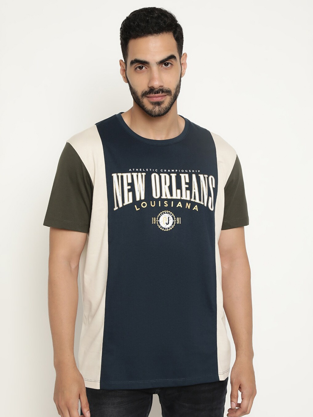 Octave Typography Printed Cotton T-shirt, Navy blue