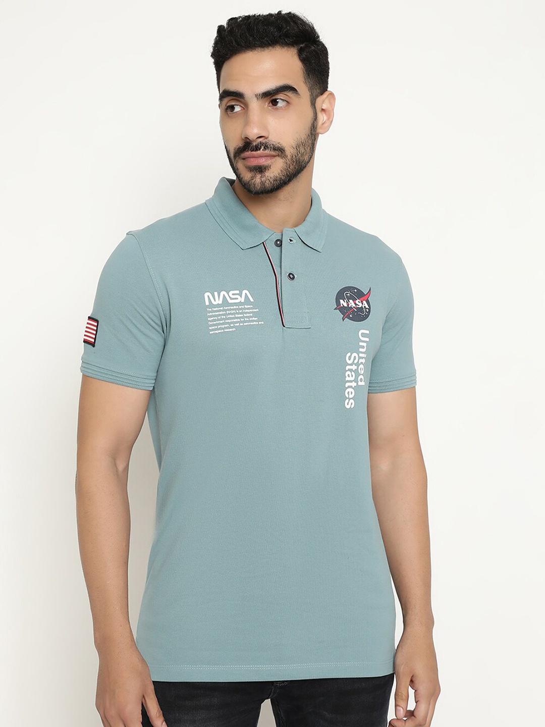 

Octave NASA Printed Polo Collar Cotton T-shirt, Blue