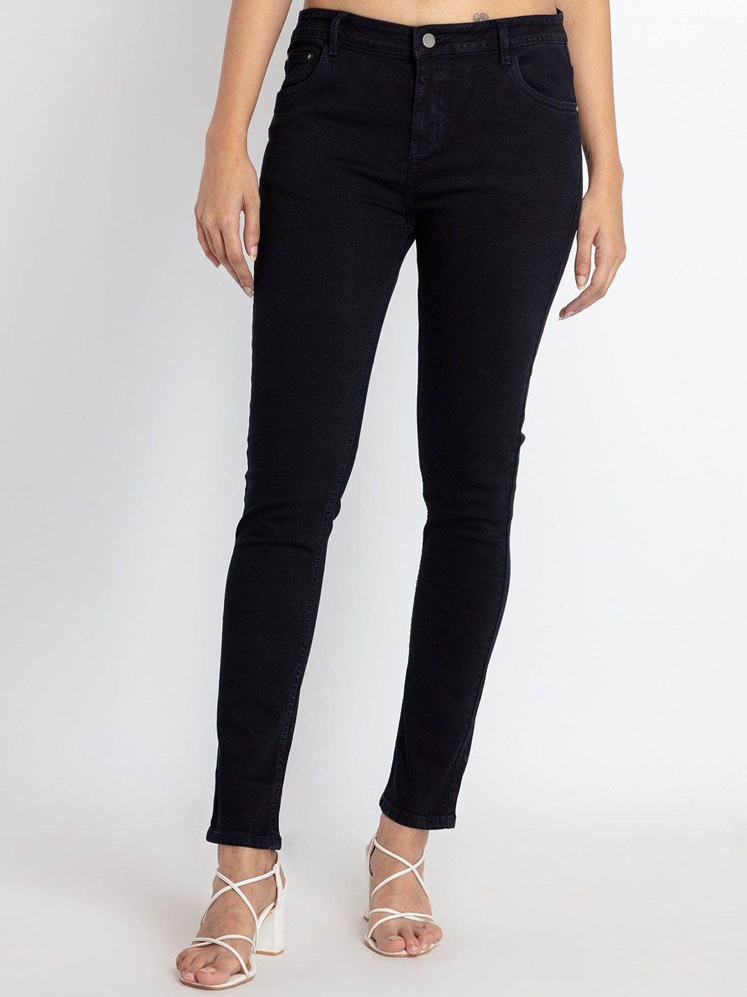 

Status Quo Women Skinny Fit Mid-Rise Cotton Jeans, Black