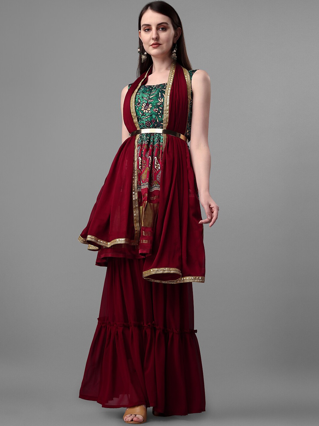 

JATRIQQ Ethnic Motifs Printed A-Line Pleated Kurta With Sharara & Dupatta, Maroon