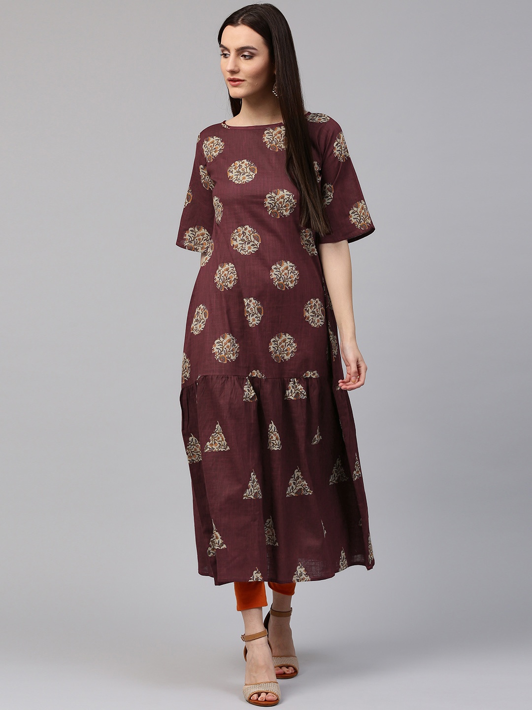 

Nayo Women Burgundy & Beige Printed A-Line Kurta