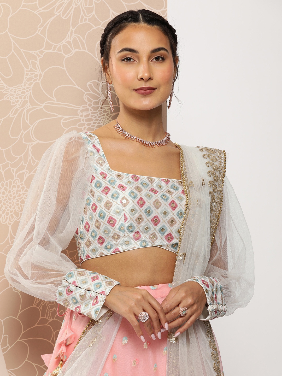

Ethnovog Embroidered Sequinned Ready To Wear Lehenga & Blouse With Dupatta, White