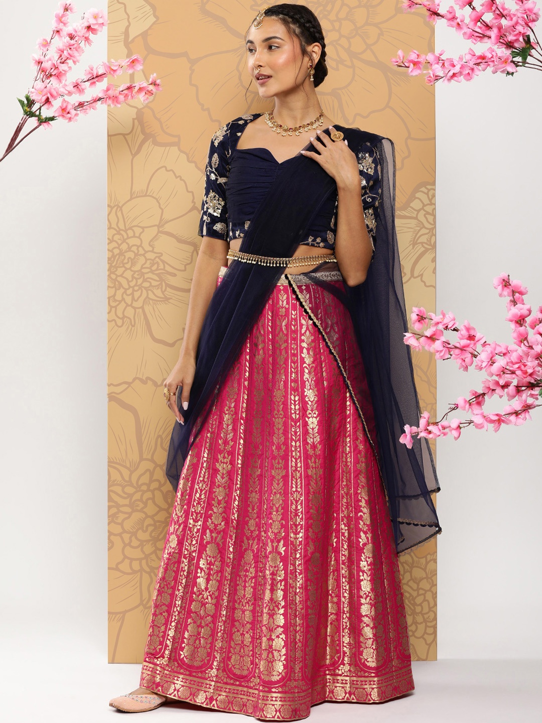 

Ethnovog Embellished Sequinned Ready To Wear Lehenga & Blouse With Dupatta, Navy blue