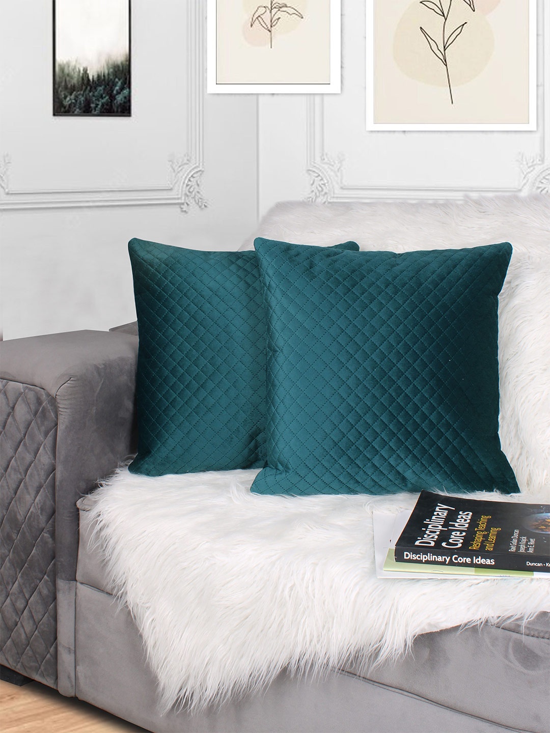 

STITCHNEST Green 2 Pieces Velvet Square Cushion Covers
