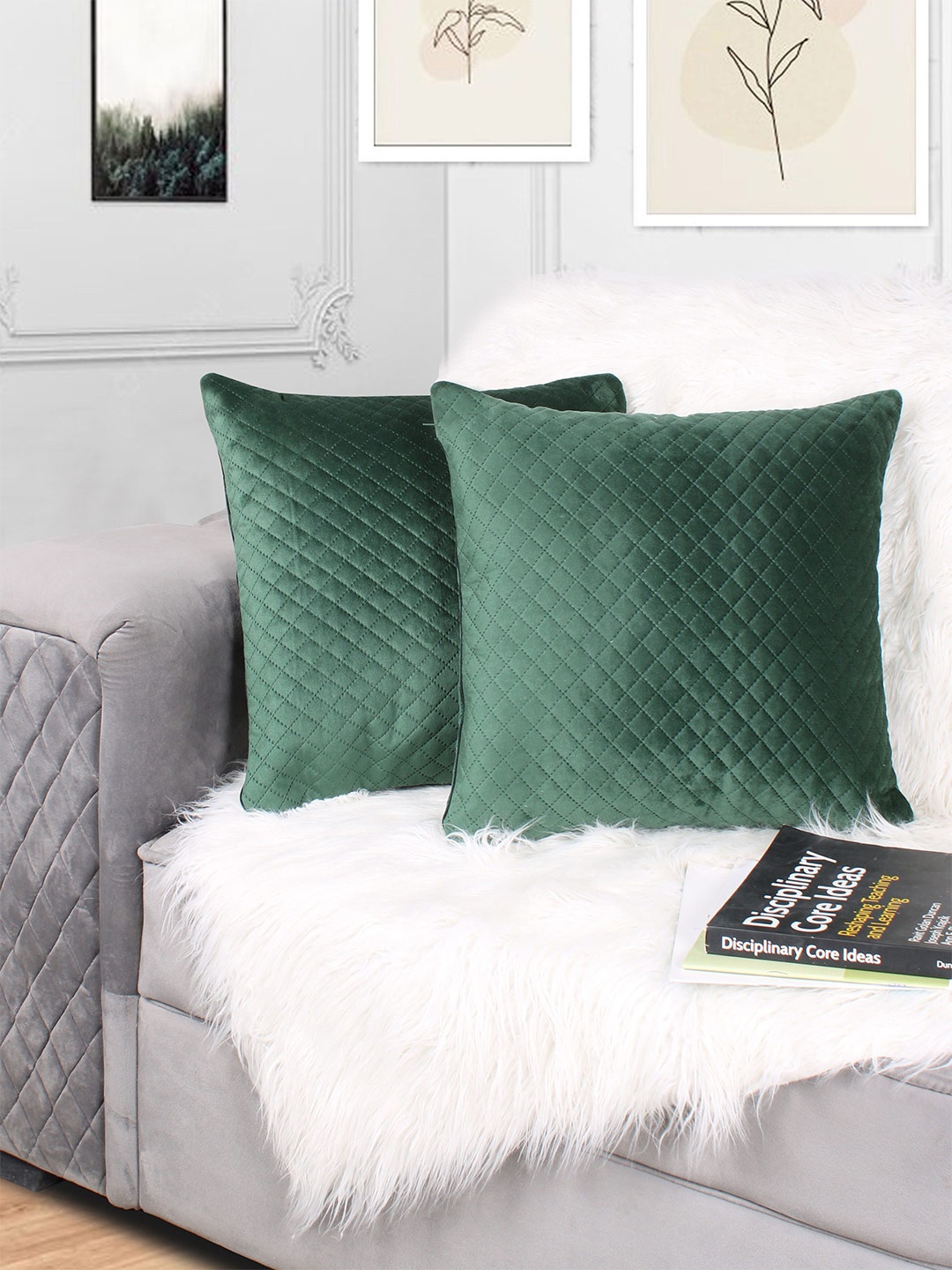 

STITCHNEST Green 2 Pieces Velvet Square Cushion Covers