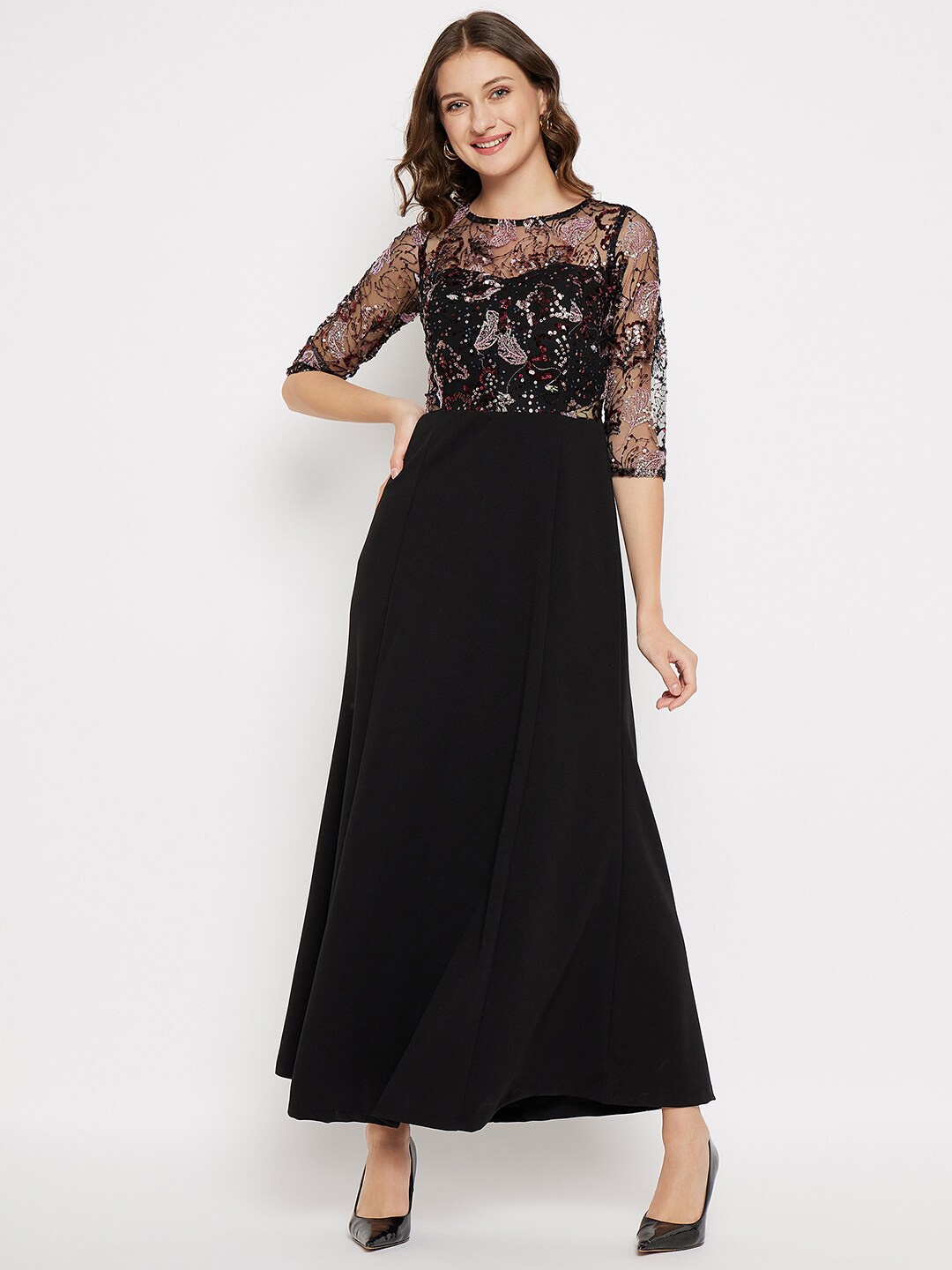 

Madame Round Neck Sequined Embellished Maxi Dress, Black