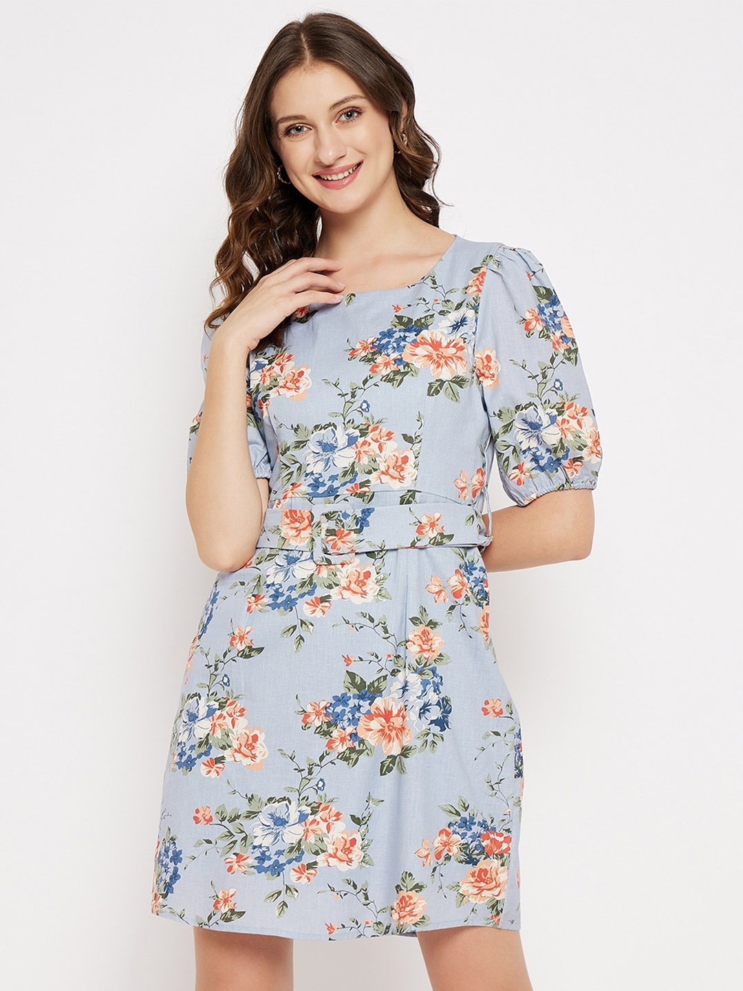 

Madame Square Neck Floral Printed Mini Sheath Dress With Belt, Blue