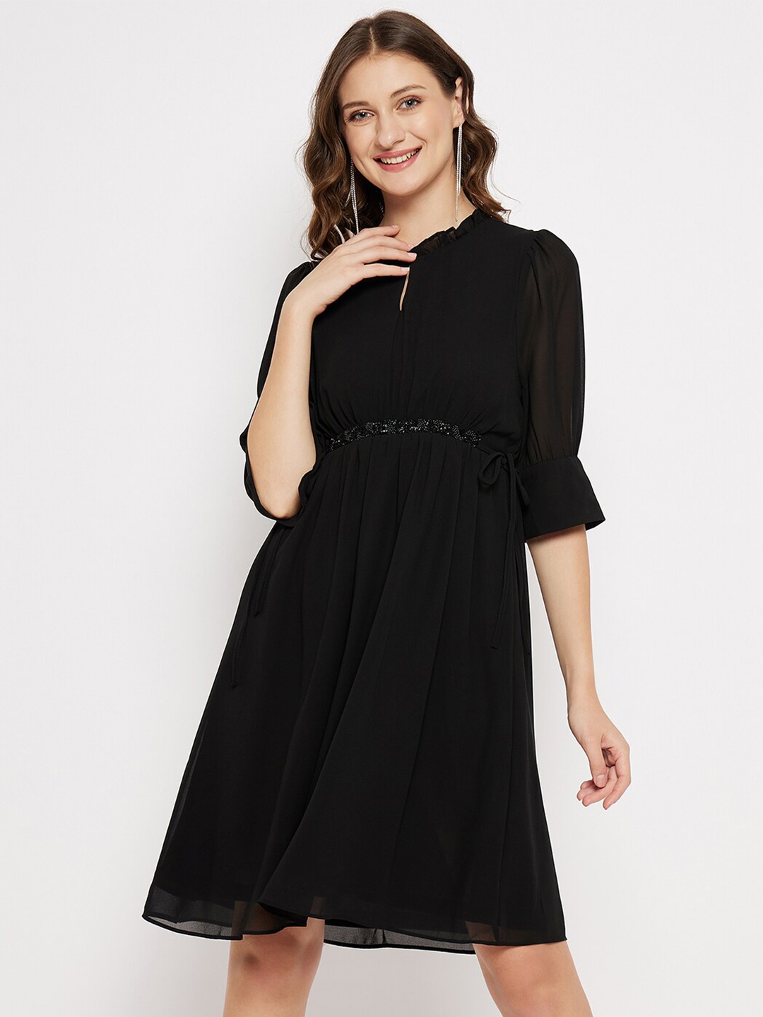 

Madame Keyhole Neck Embellished Fit & Flare Dress, Black
