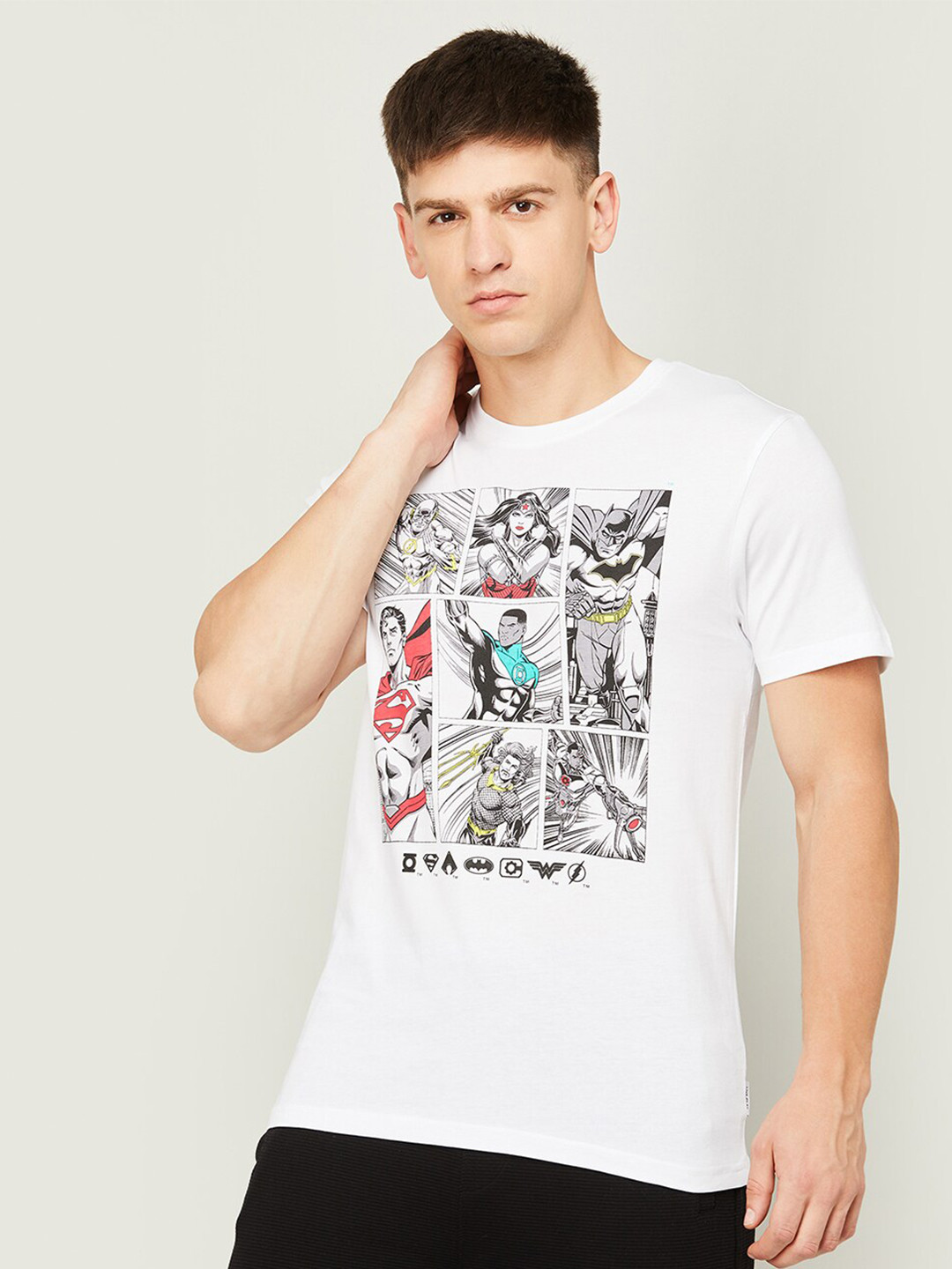 

Fame Forever by Lifestyle Justice League Printed Round Neck Cotton T-Shirt, White