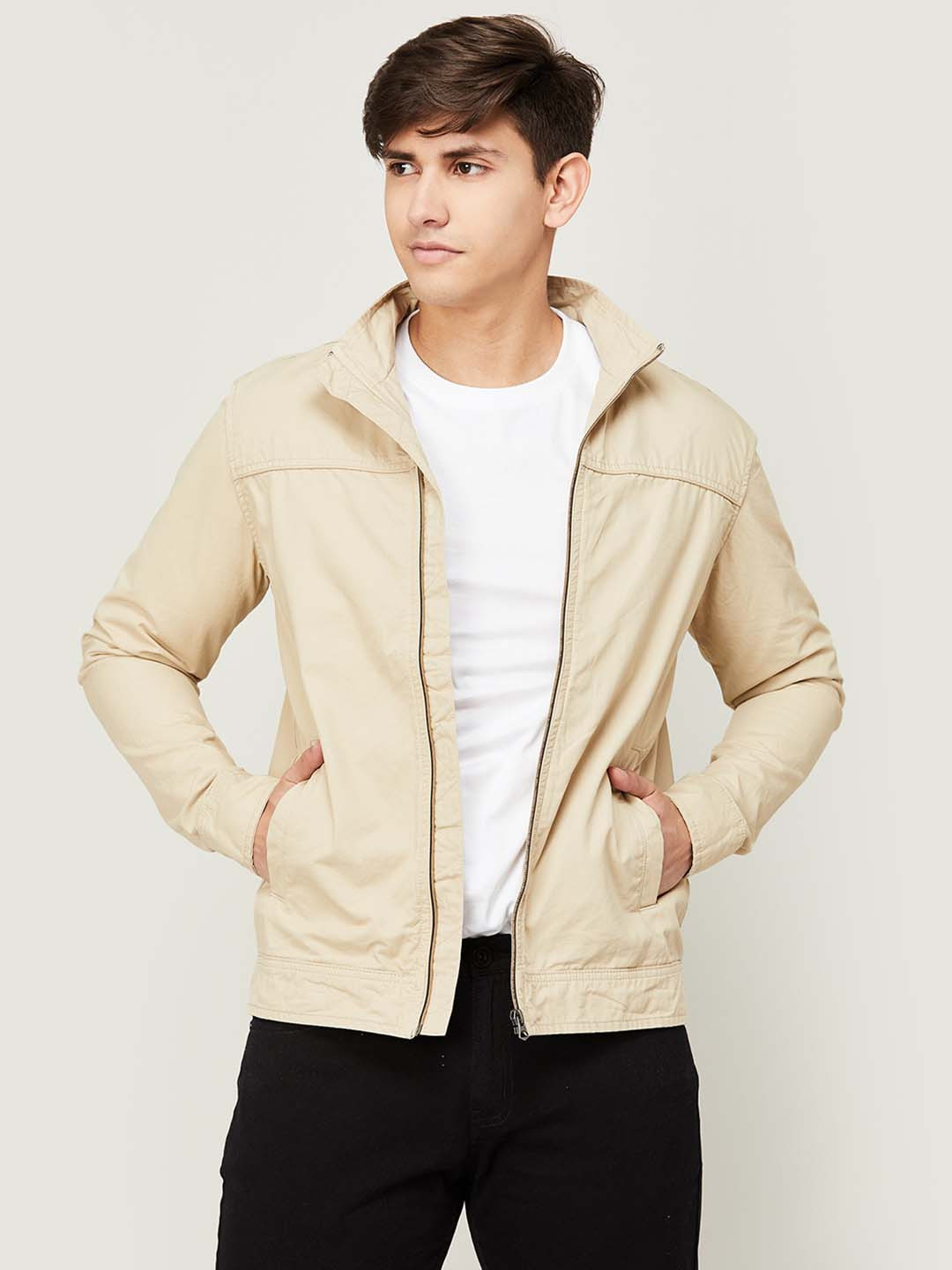 

Fame Forever by Lifestyle Stand Collar Bomber Jacket, Beige
