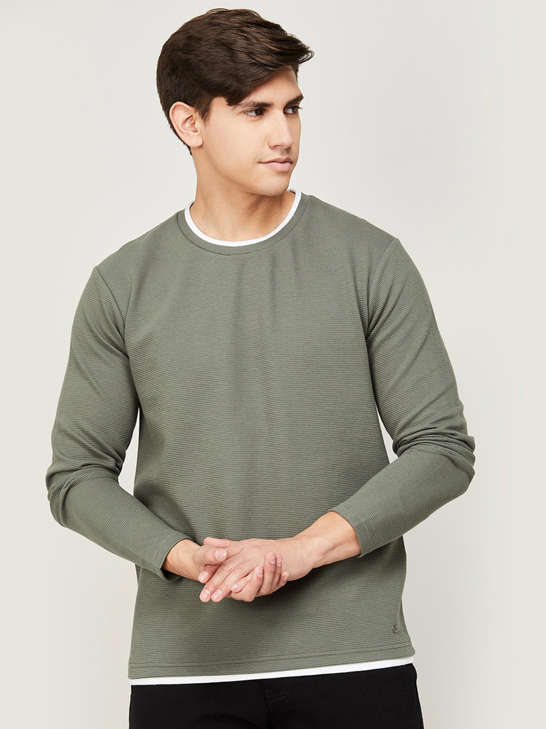 

Fame Forever by Lifestyle Round Neck Long Sleeves Cotton T-shirt, Olive