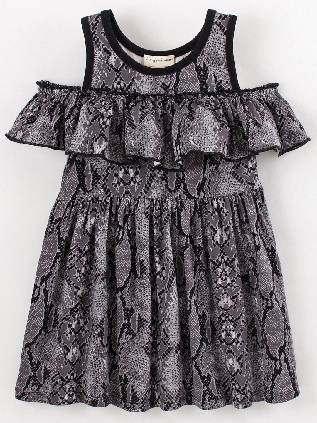 

CrayonFlakes Girls Animal Printed Cold-Shoulder Ruffles Fit & Flare Dress, Grey