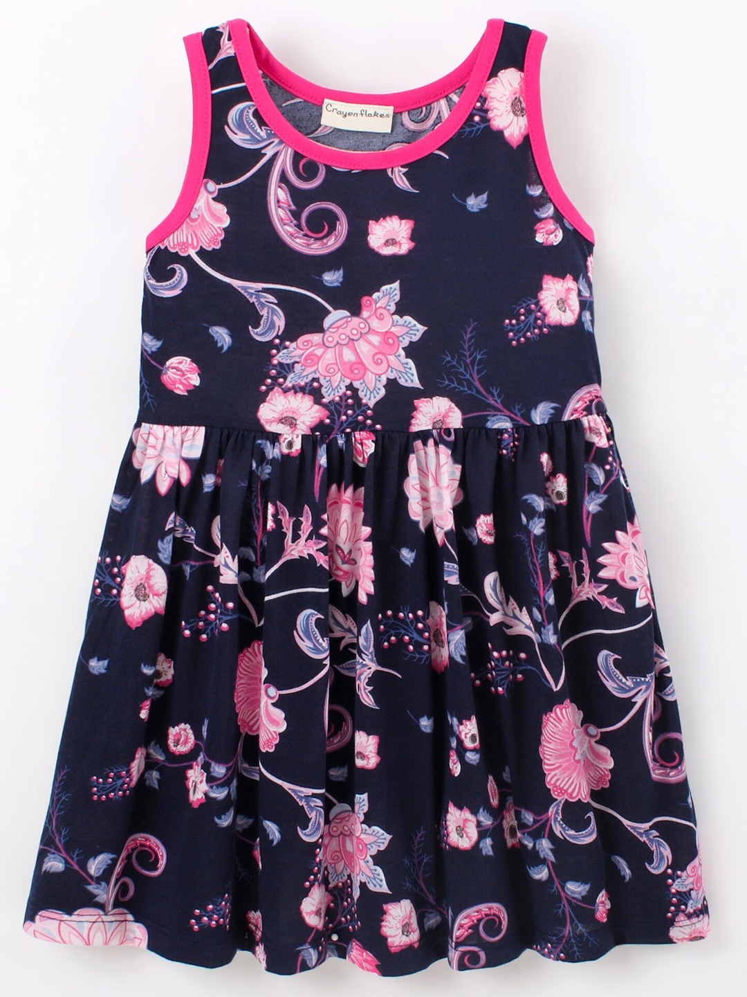 

CrayonFlakes Girls Floral Printed Fit & Flare Dress, Navy blue