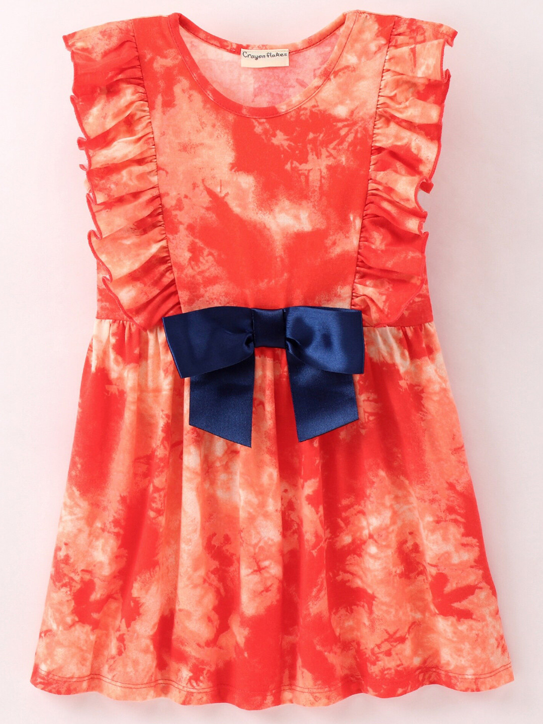 

CrayonFlakes Girls Abstract Printed Bow Detail Ruffles Fit & Flare Dress, Orange