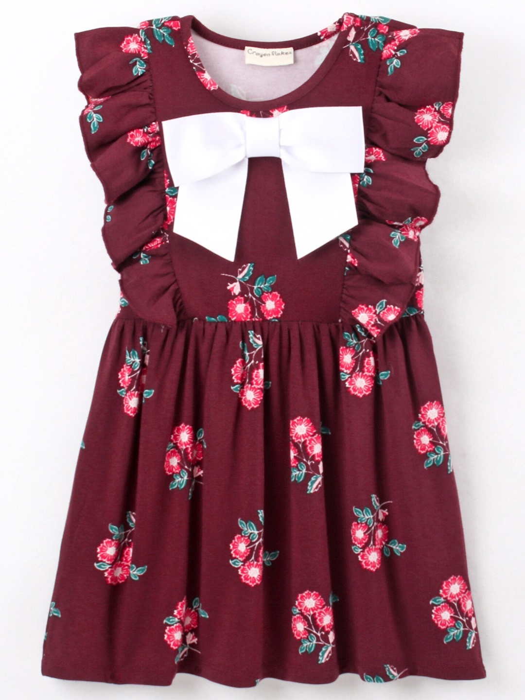 

CrayonFlakes Girls Floral Printed Bow Detail Ruffles Fit & Flare Dress, Maroon