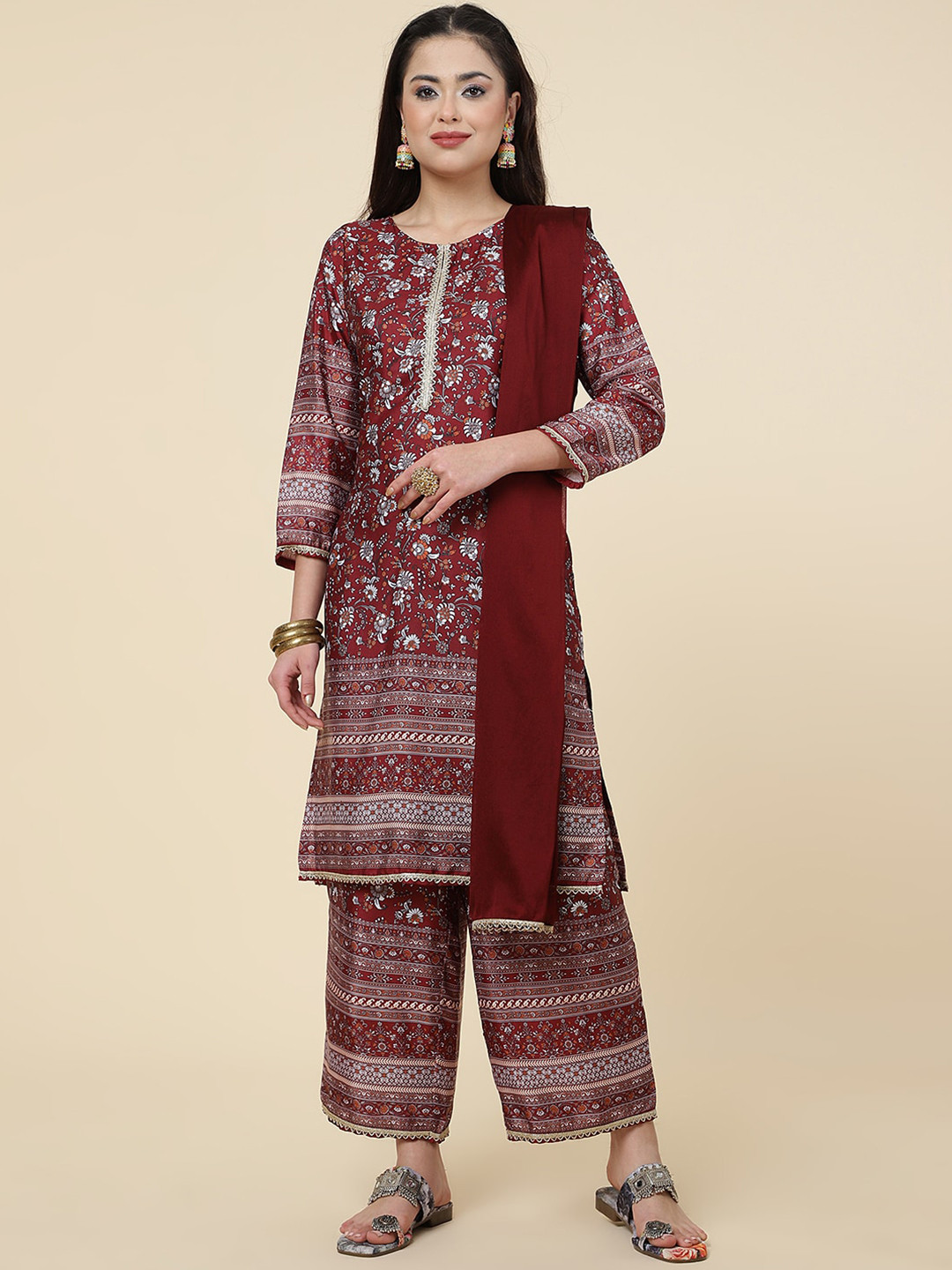

J Turritopsis Floral Printed Gotta Patti Kurta with Palazzos & Dupatta, Maroon