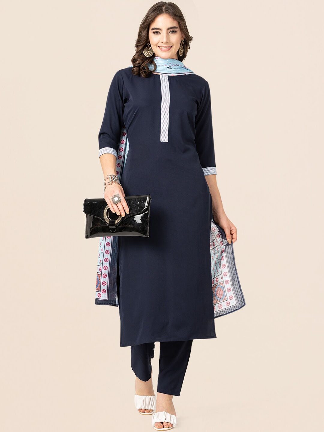 

J Turritopsis Straight Kurta with Trousers & Dupatta, Navy blue