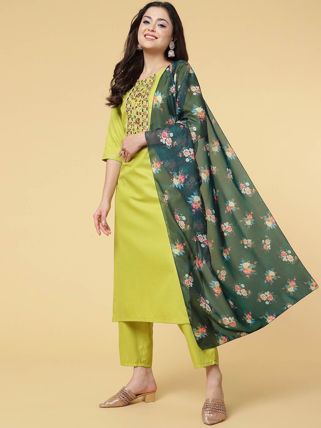 

J Turritopsis Floral Embroidered Kurta with Palazzos & Dupatta, Lime green