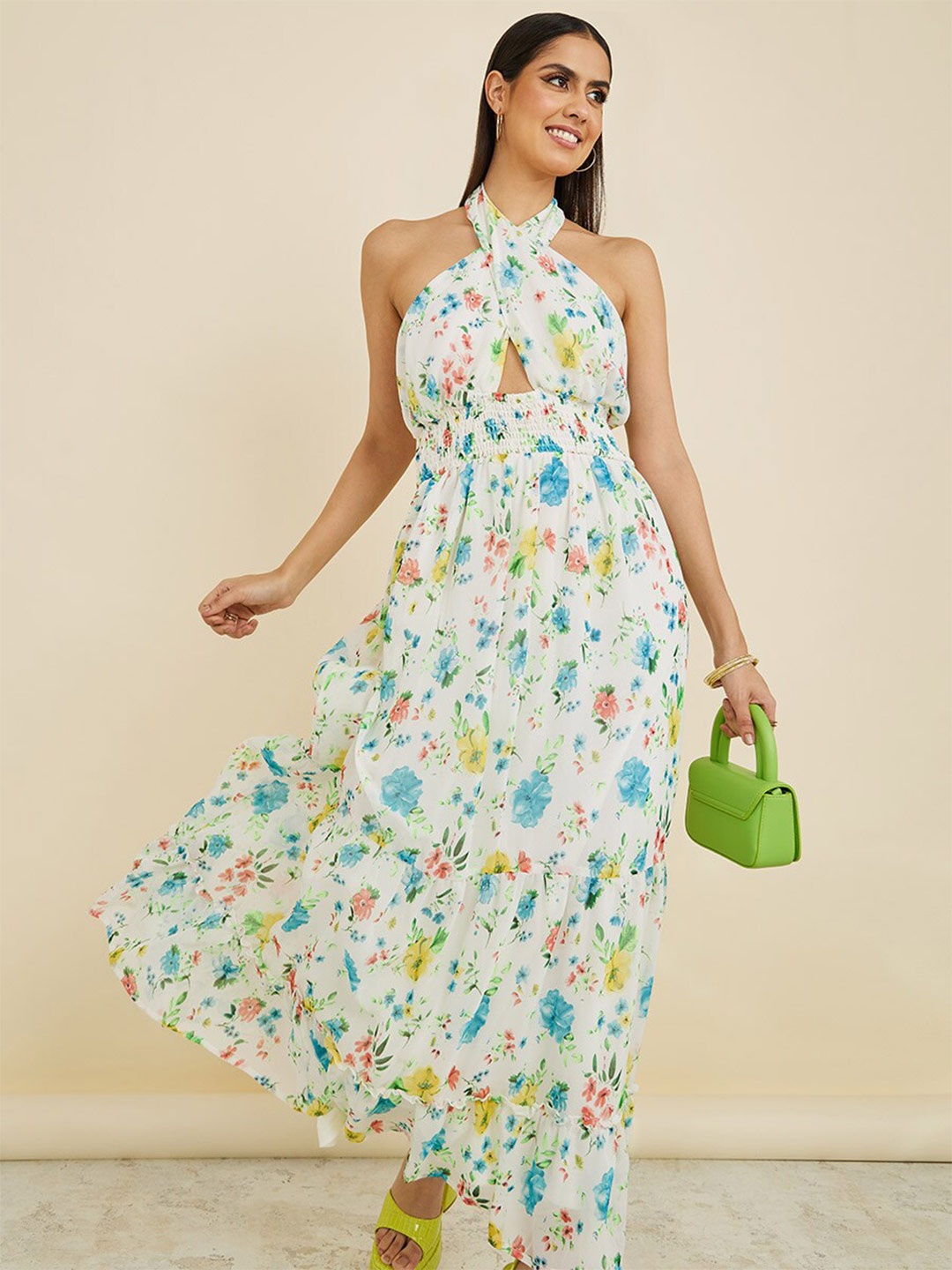

Styli White Floral Print Smocked Tiered Maxi Dress