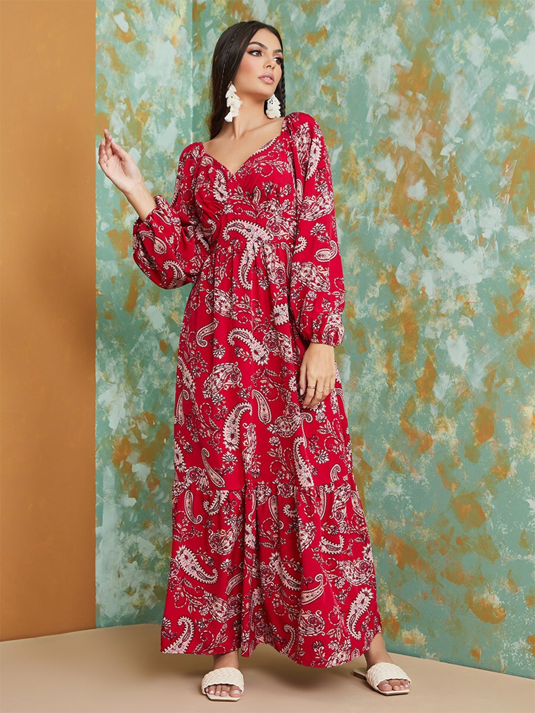 

Styli Red Ethnic Motifs Print Maxi Dress