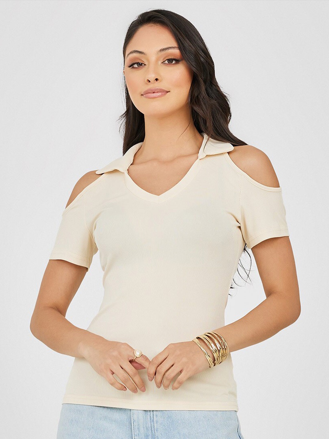 

Styli Women Cold-Shoulder Sleeved Fitted Top, Cream