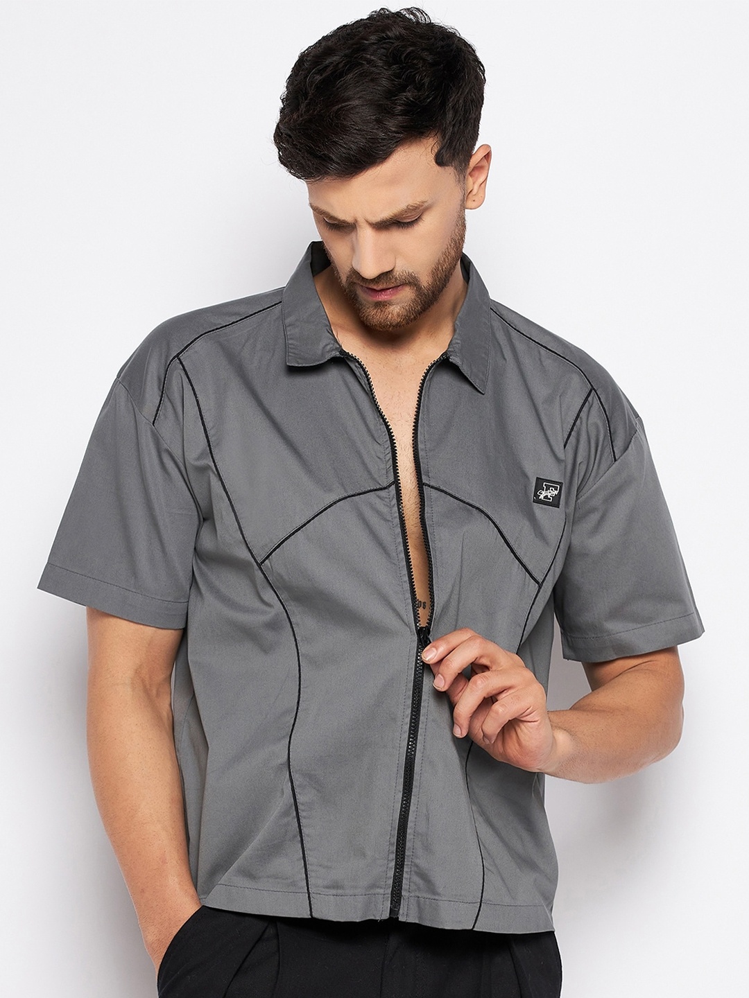 

FUGAZEE Relaxed Boxy Opaque Casual Shirt, Charcoal