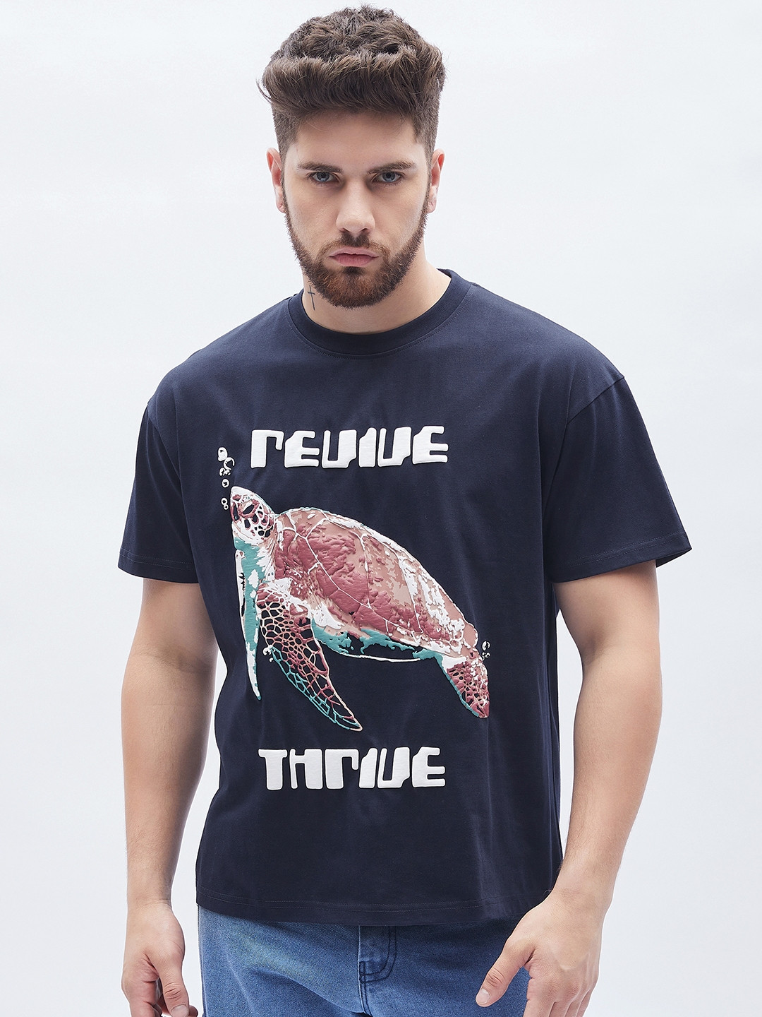 

FUGAZEE Typography Printed Oversized Pure Cotton T-shirt, Navy blue