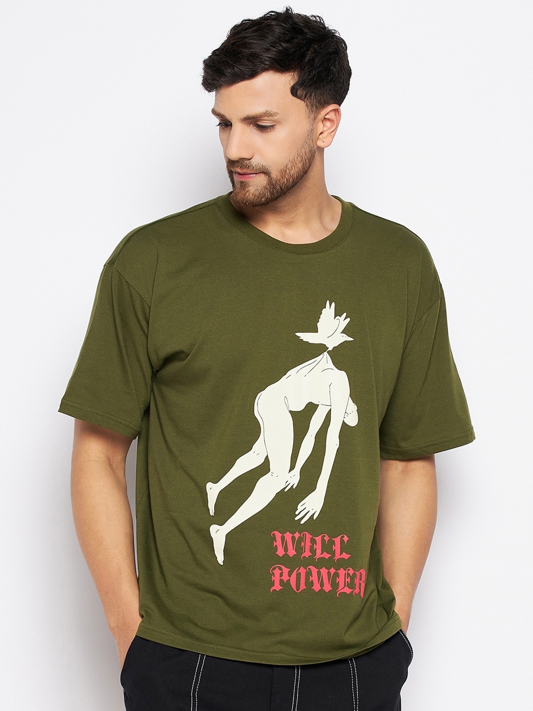 FUGAZEE Typography Printed Oversized Pure Cotton T-shirt, Olive