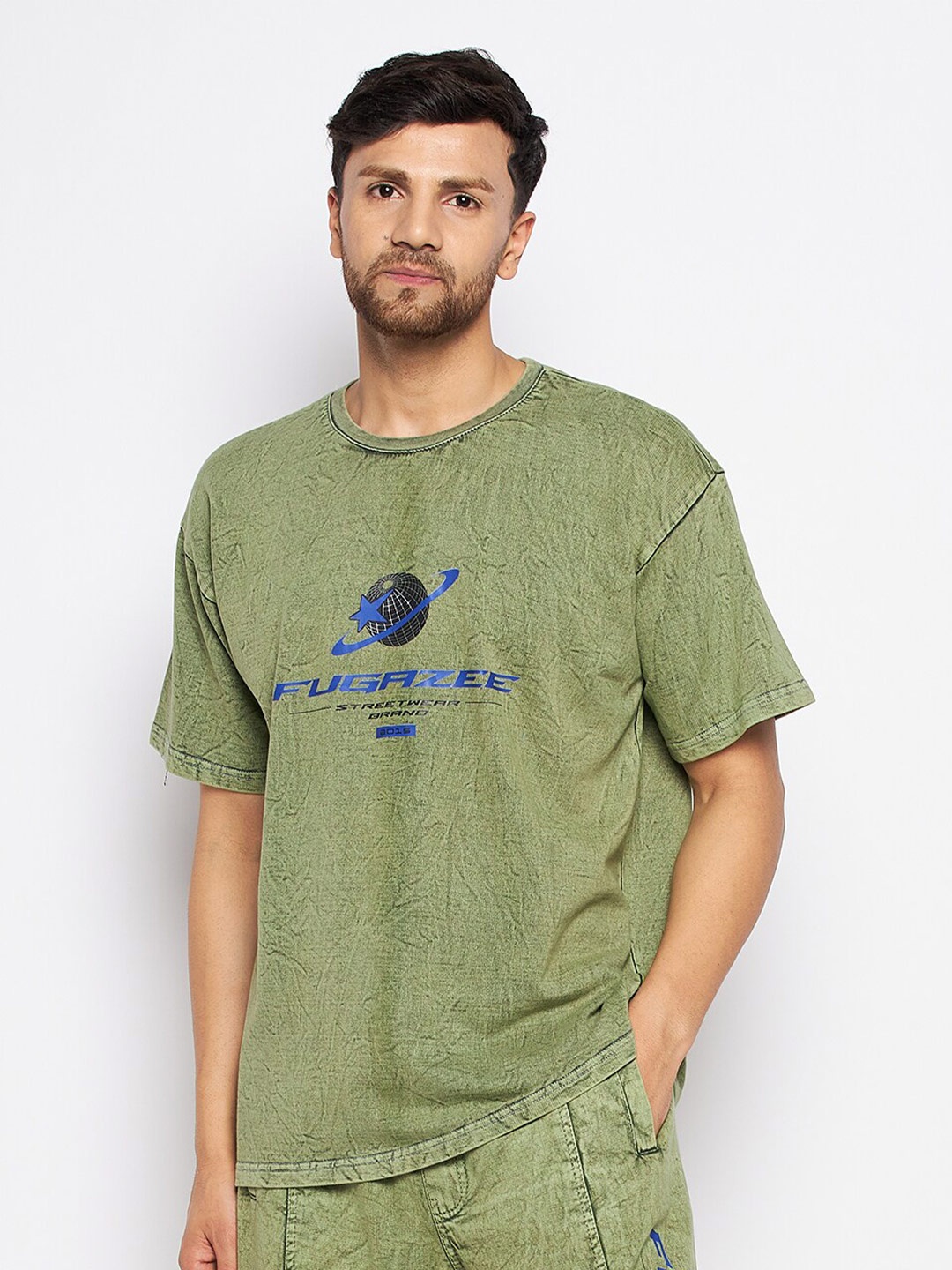 

FUGAZEE Typography Printed Oversize Pure Cotton T-shirt, Green