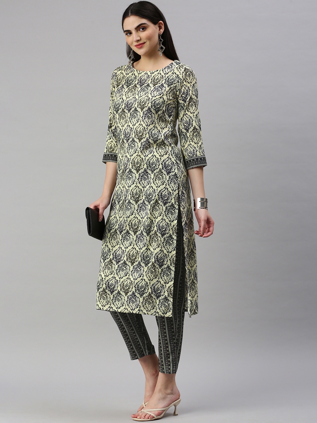 

KALINI Ethnic Motifs Printed Regular Kurta With Trousers, Cream