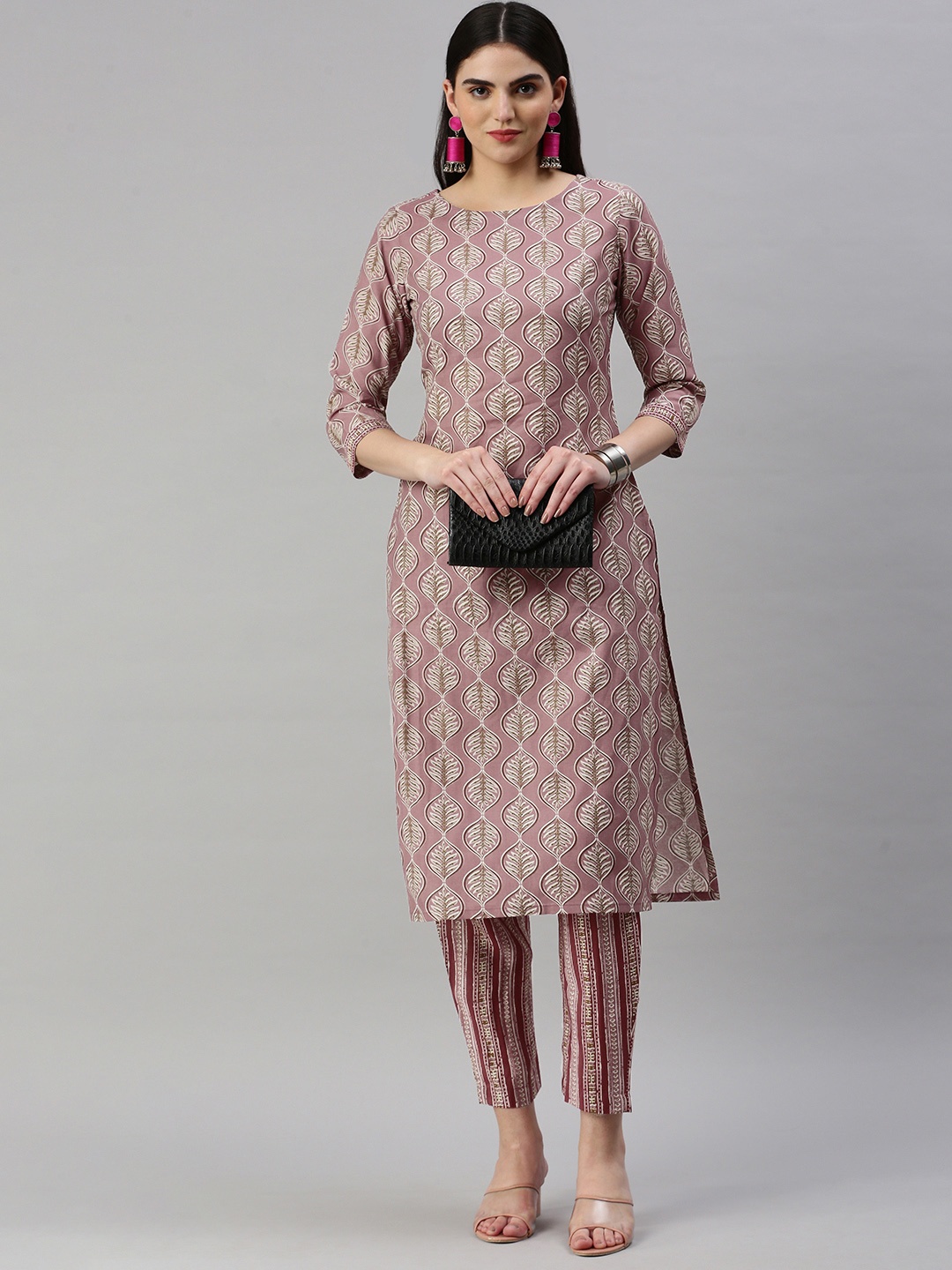 

KALINI Ethnic Motifs Printed Regular Chanderi Cotton Kurta With Trousers, Mauve