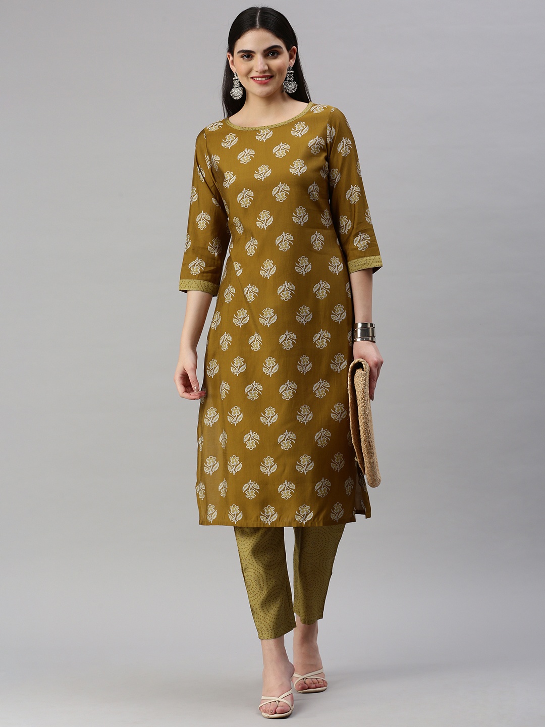 

KALINI Floral Printed Regular Chanderi Cotton Kurta With Trousers, Mustard