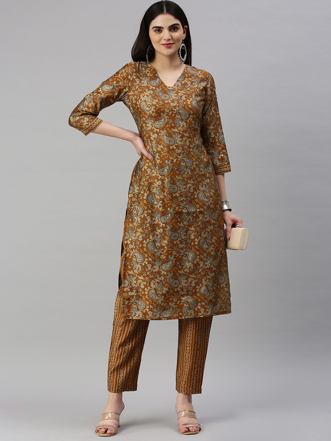 

KALINI Paisley Printed Regular Chanderi Cotton Kurta with Trousers, Brown