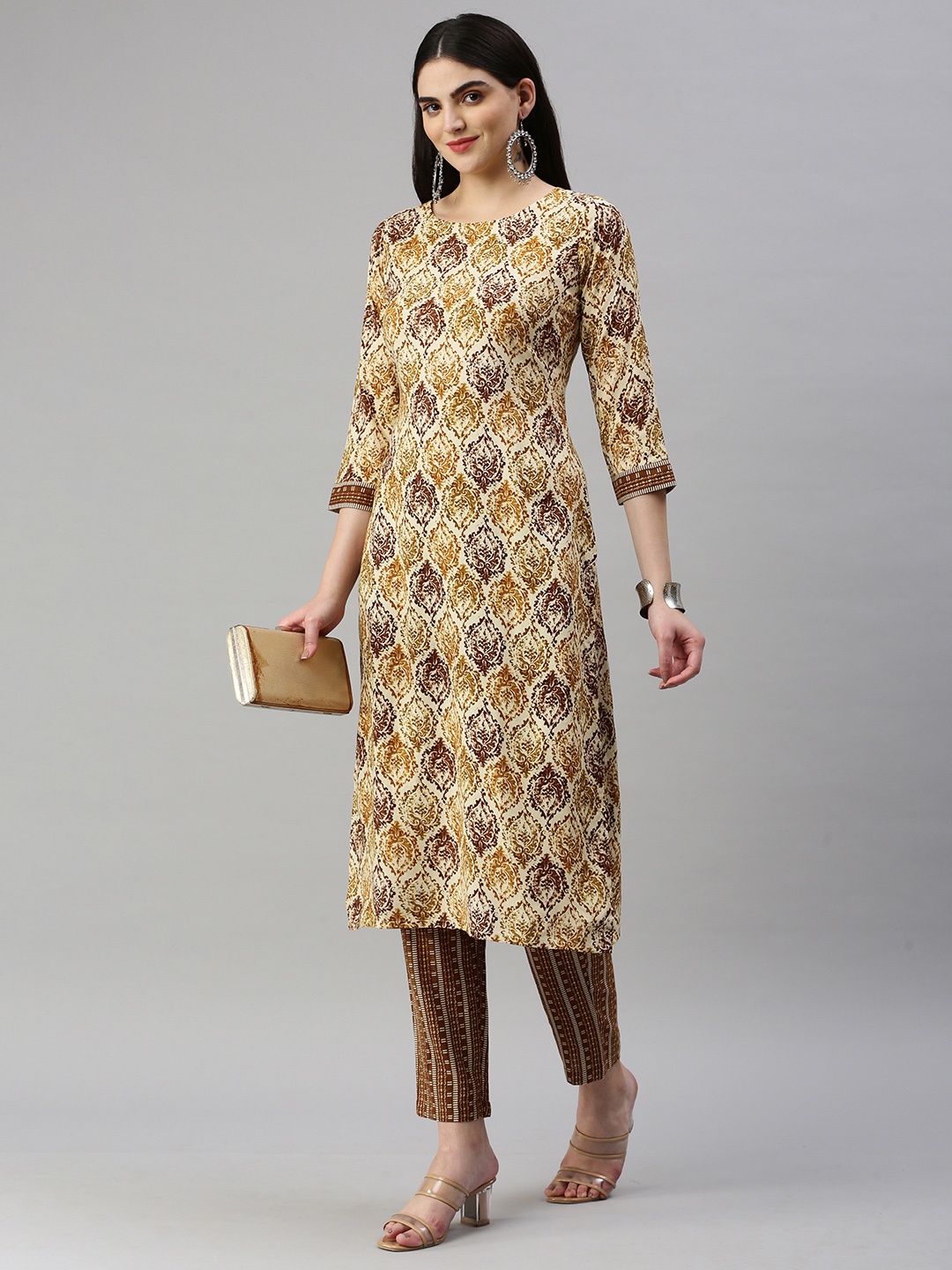 

KALINI Ethnic Motifs Printed Regular Kurta With Trousers, Cream