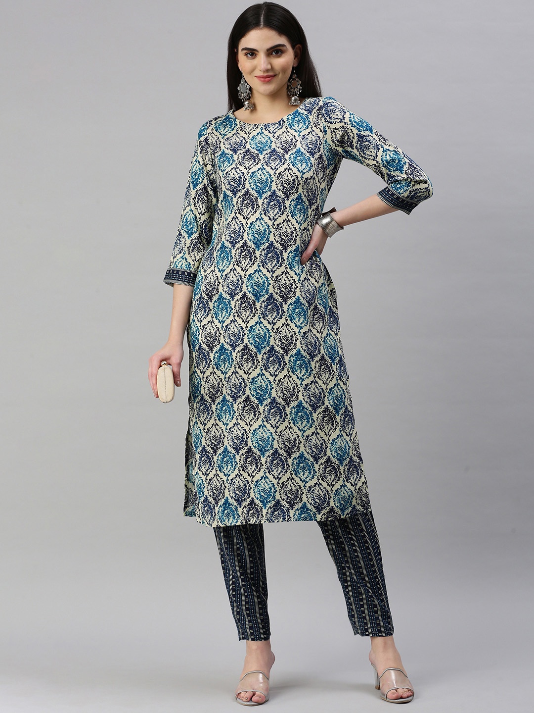 

KALINI Floral Printed Regular Kurta with Trousers, Cream