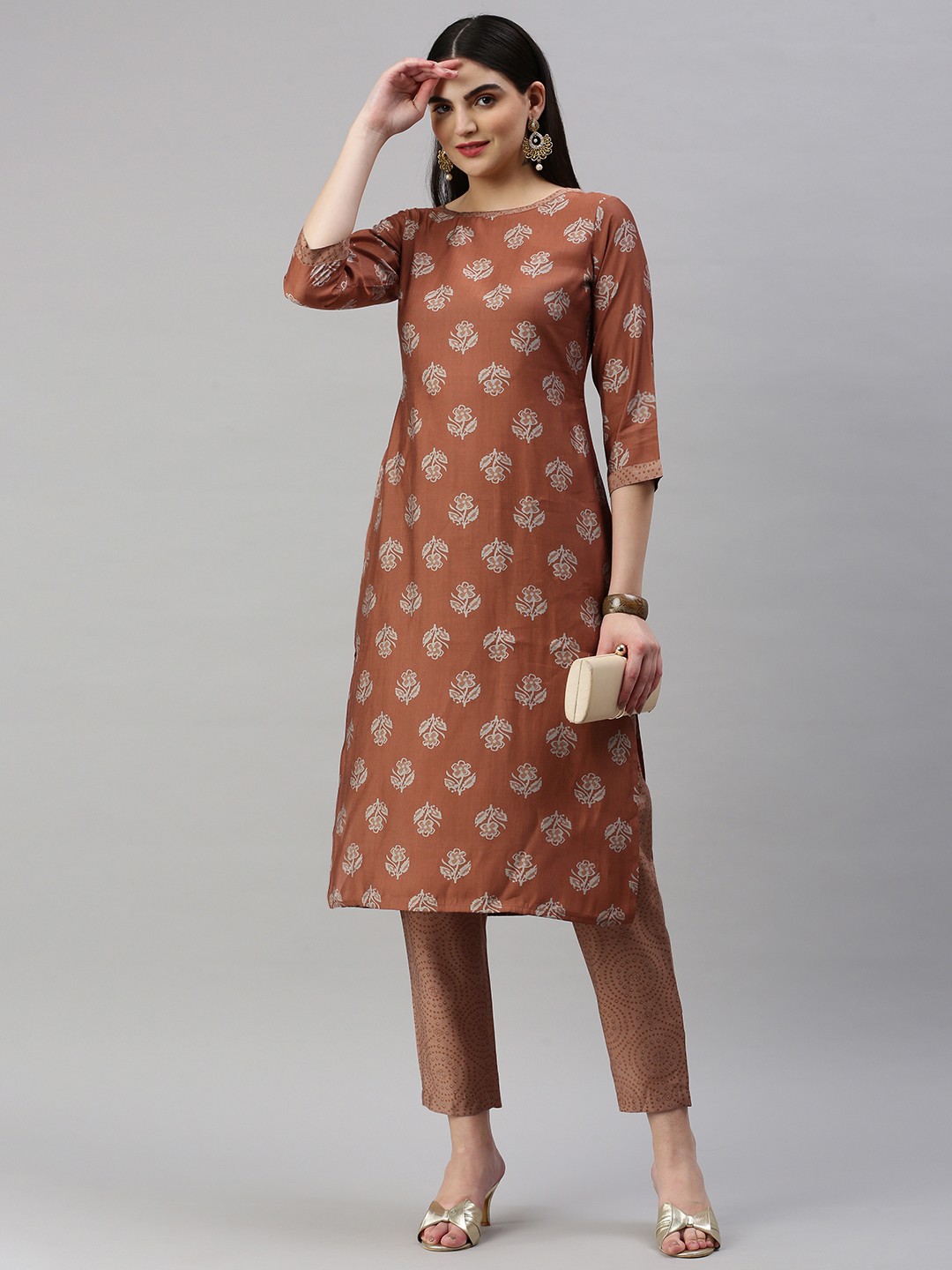 

KALINI Floral Printed Regular Chanderi Cotton Kurta With Trousers, Rust