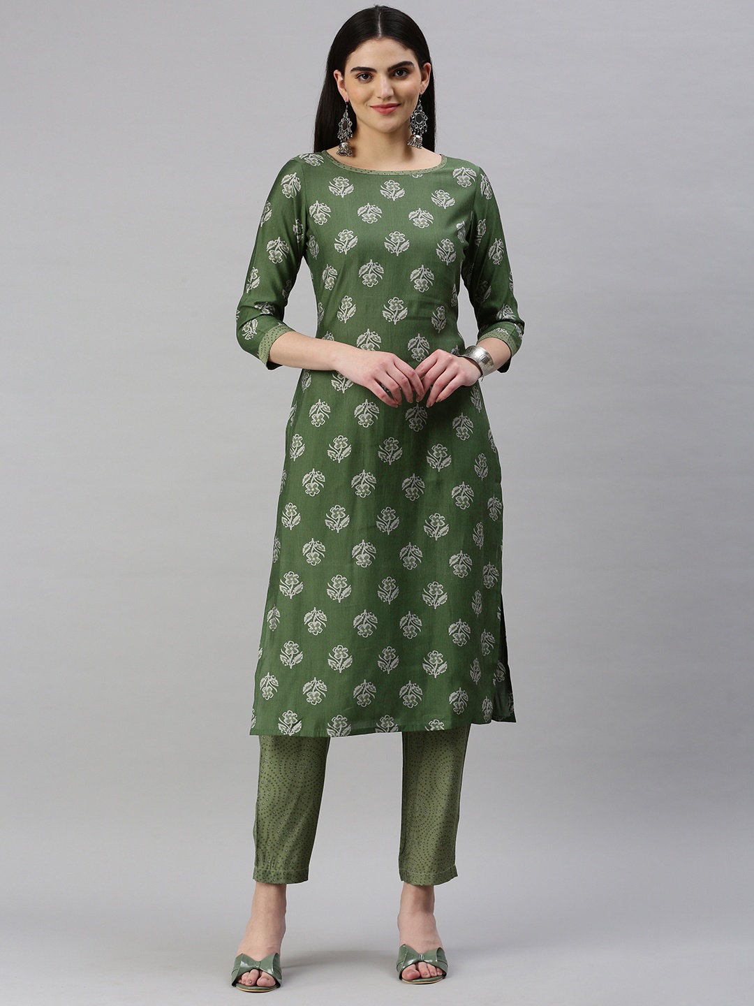 

KALINI Floral Printed Regular Chanderi Cotton Kurta with Trousers, Green