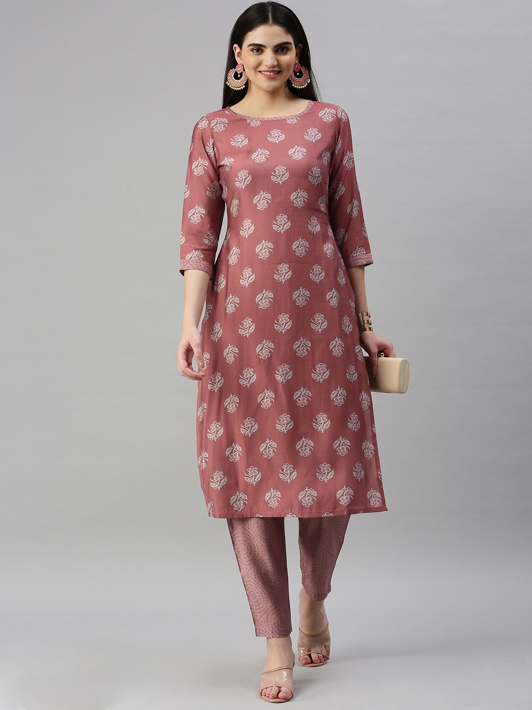 

KALINI Floral Printed Regular Chanderi Cotton Kurta with Trousers, Pink