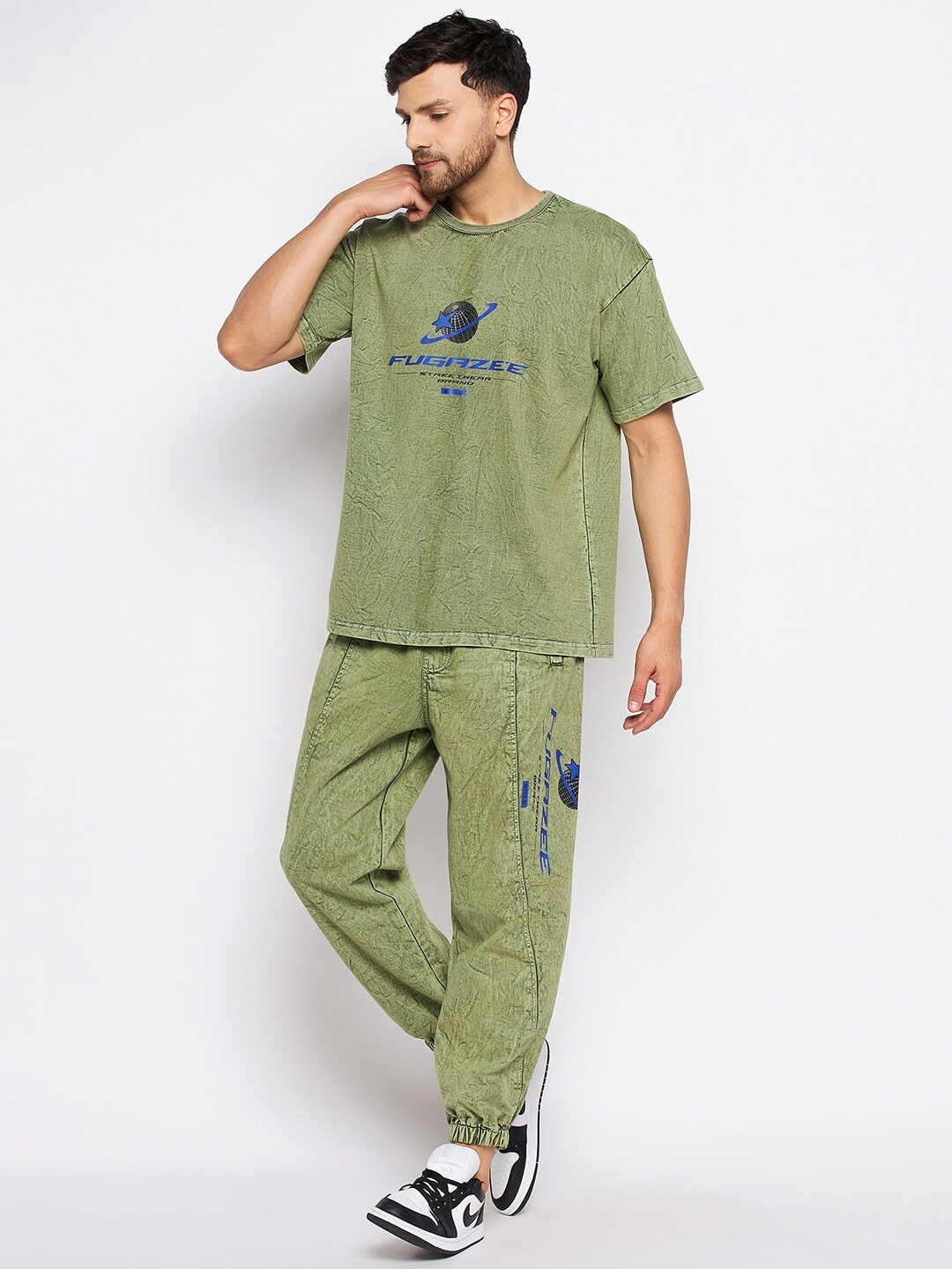 

FUGAZEE Printed Pure Cotton Acid Wash Round Neck T-shirt and Joggers Co-Ords, Green