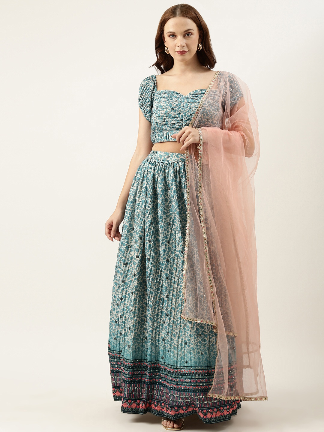 

Ethnovog Printed Ready to Wear Lehenga & Blouse With Dupatta, Blue