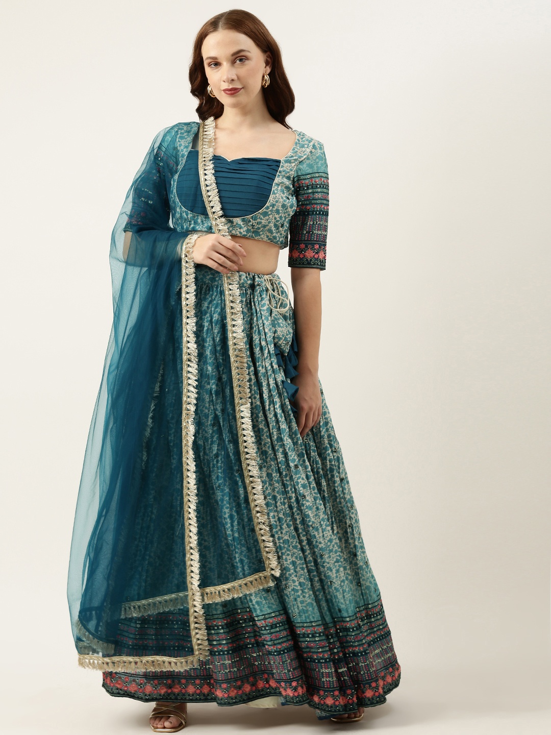 

Ethnovog Embroidered Sequinned Ready to Wear Lehenga & Blouse With Dupatta, Blue