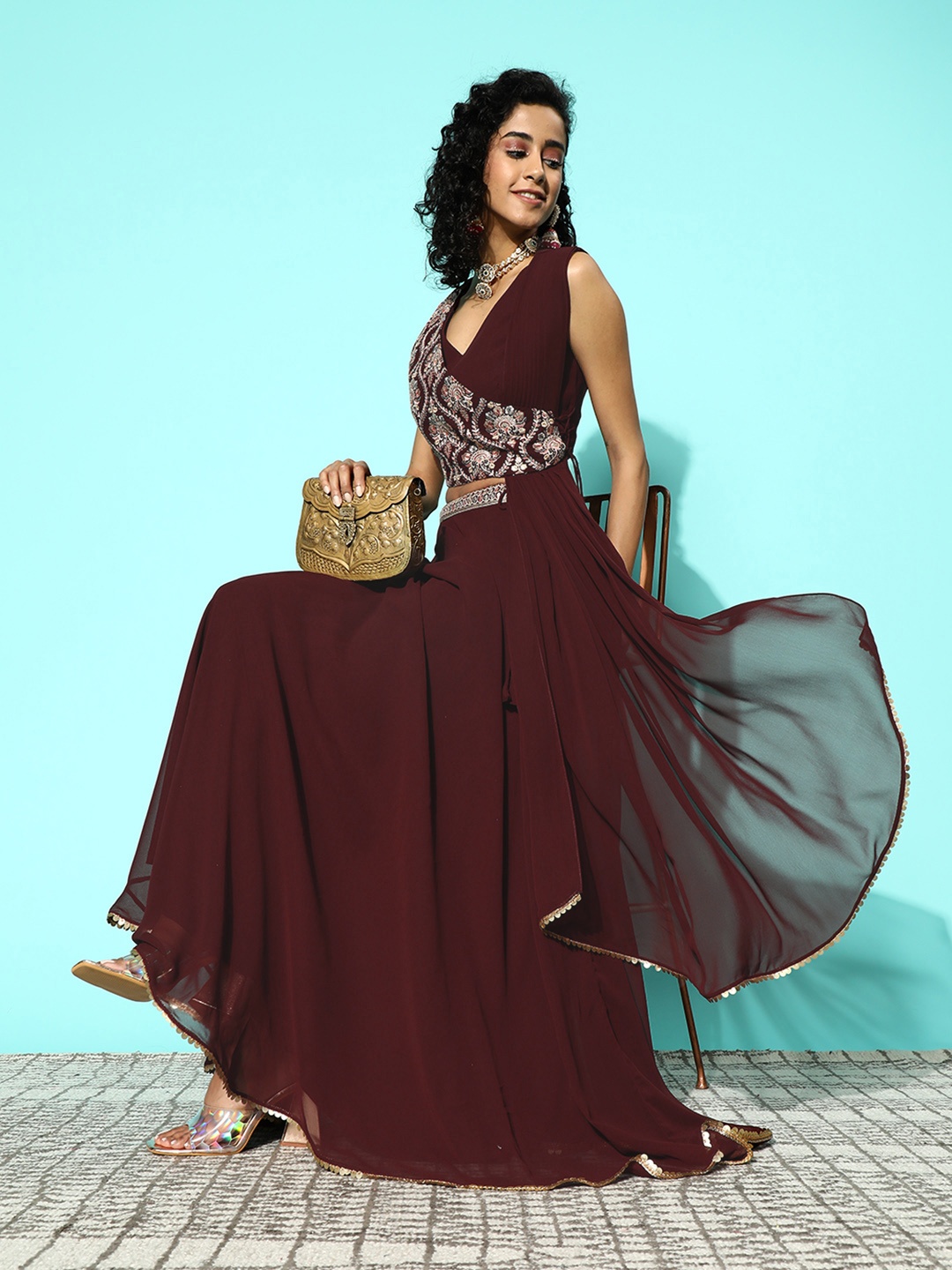 

Kvsfab Embroidered Sequinned Ready To Wear Lehenga & Blouse With Dupatta, Coffee brown