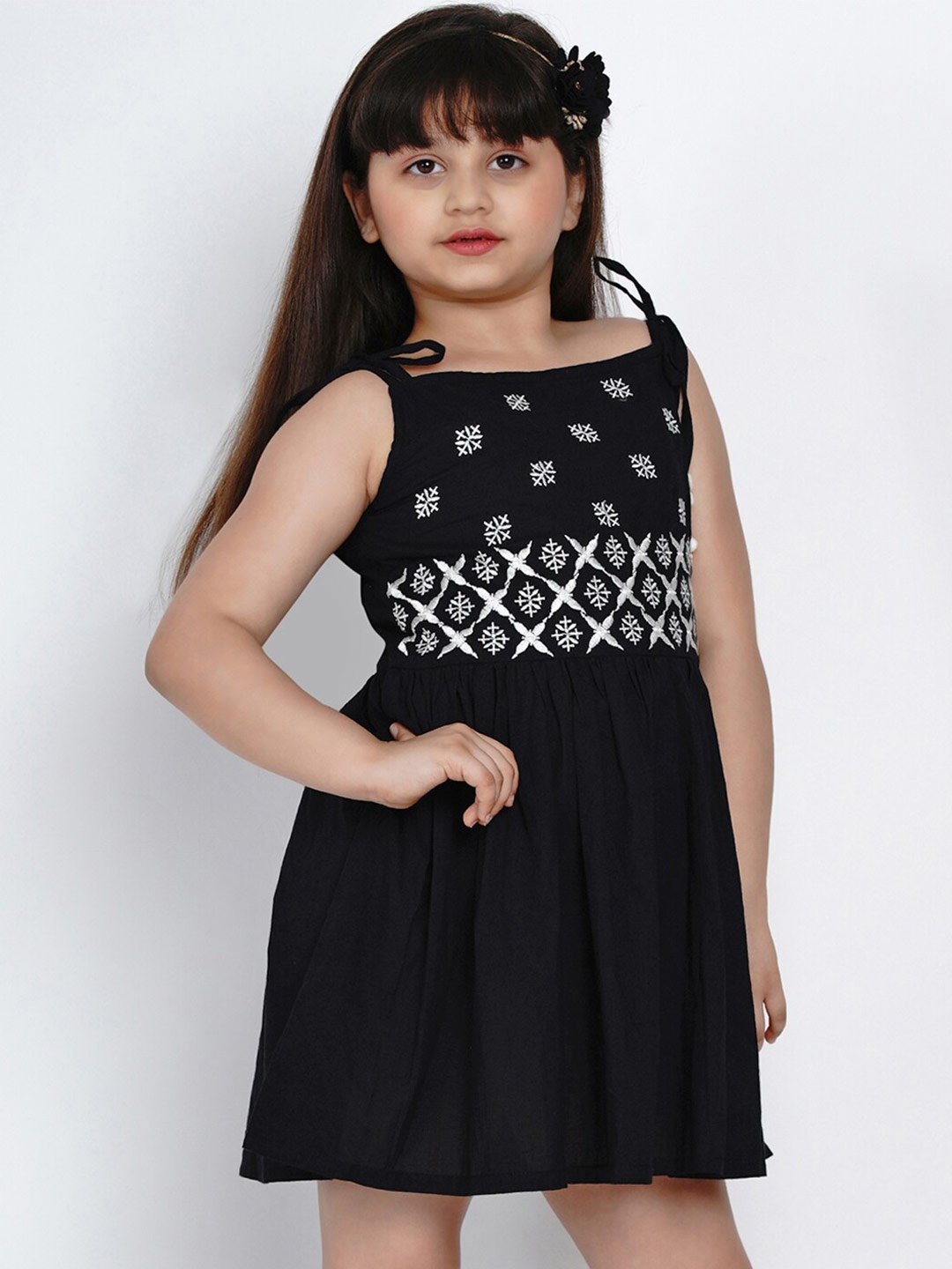 

Bitiya by Bhama Girls Ethnic Motif Embroidered Fit & Flare Mini Dress, Black
