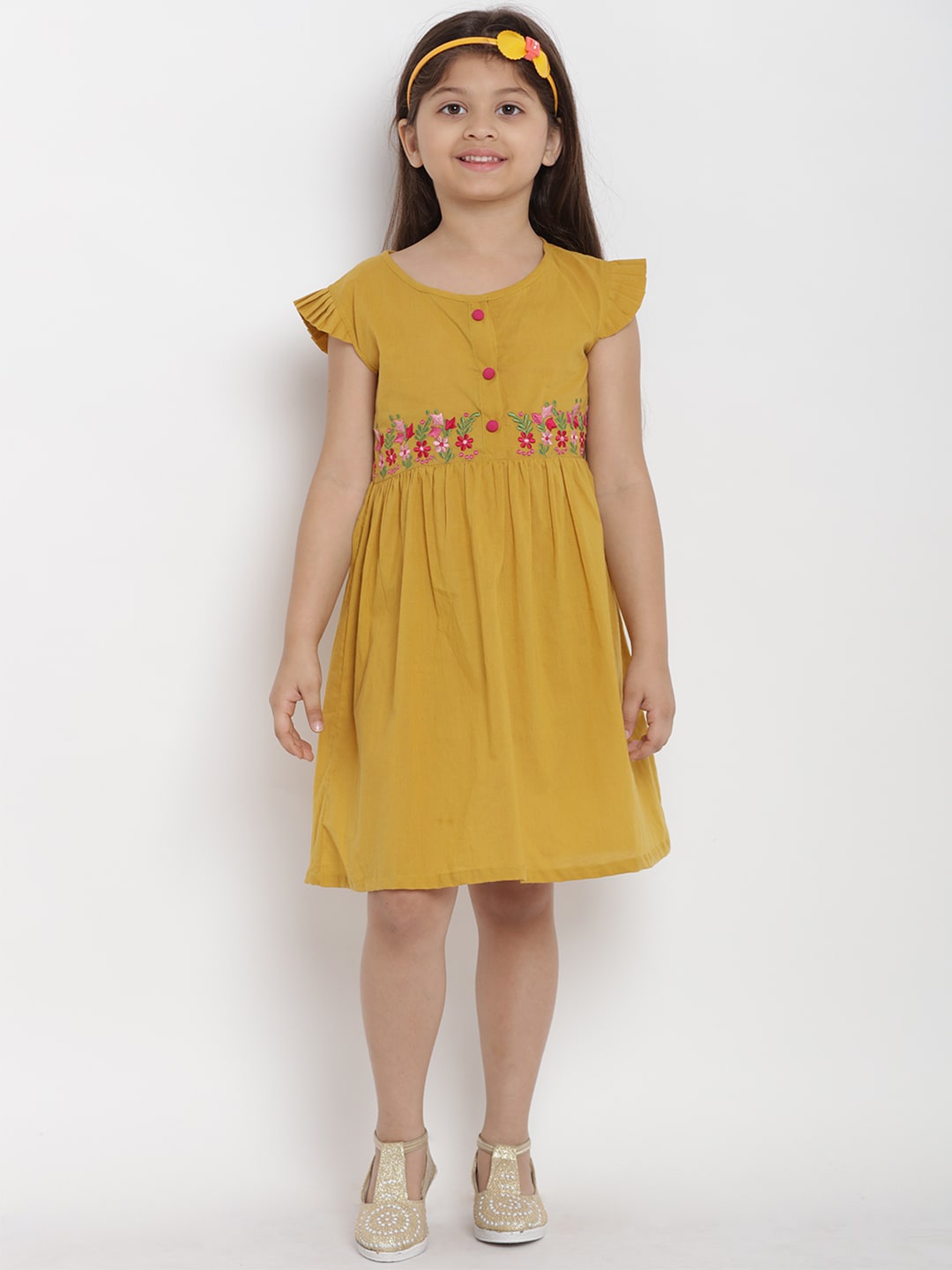 

Bitiya by Bhama Girls Floral Embroidered Flutter Sleeves Fit & Flare Dress, Yellow